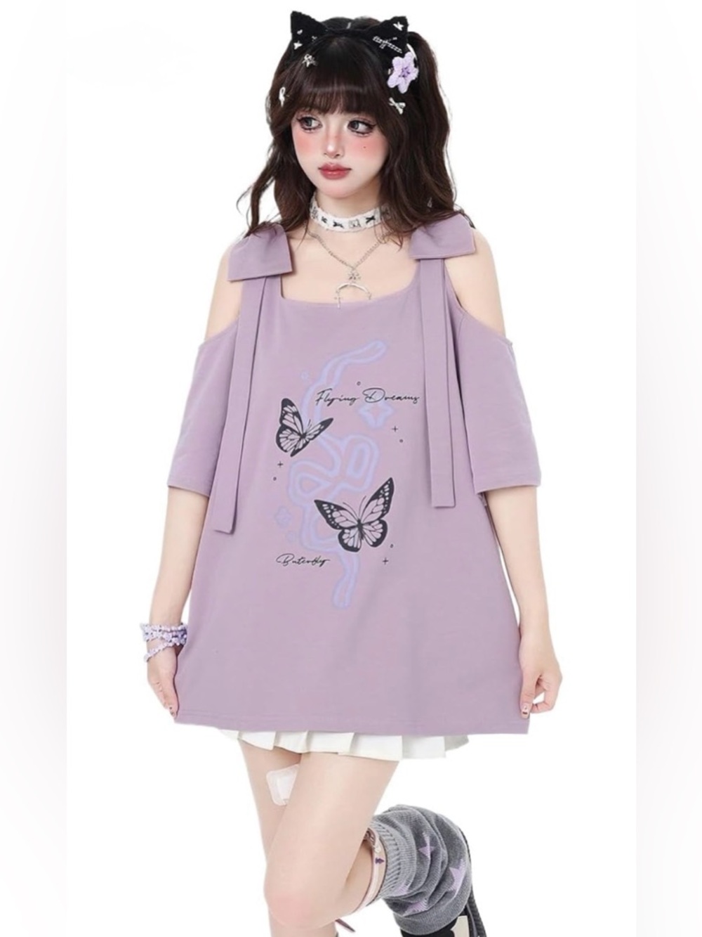 Kawaii Short Sleeved Off Shoulder Purple Butterfly Shirt, Oversized, Size M